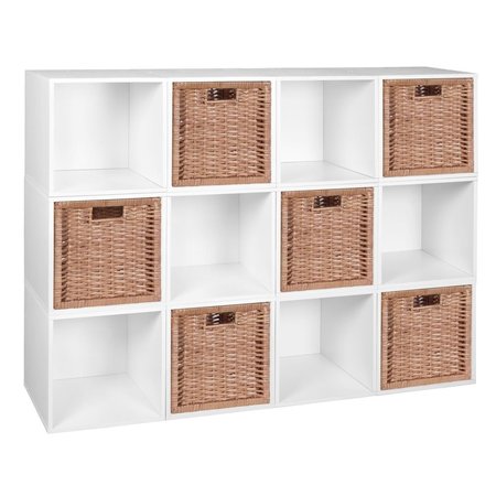 PLANON Cubo Storage Set with 12 Cubes & 6 Wicker Baskets, White Wood Grain & Natural PL2646487